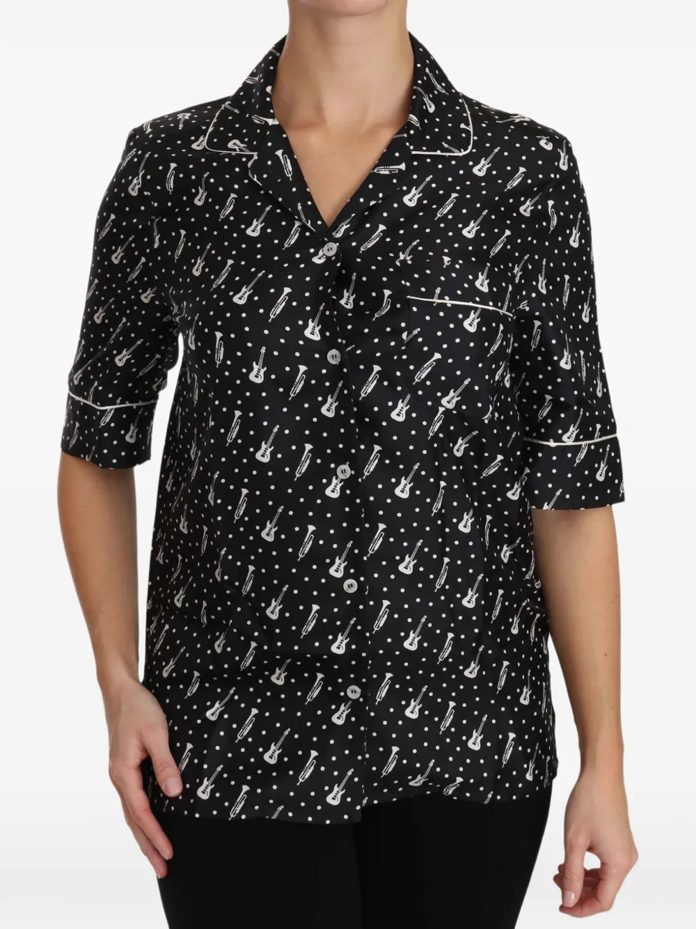 Dolce & Gabbana Zijden blouse met stippen en muziekinstrument Zwart