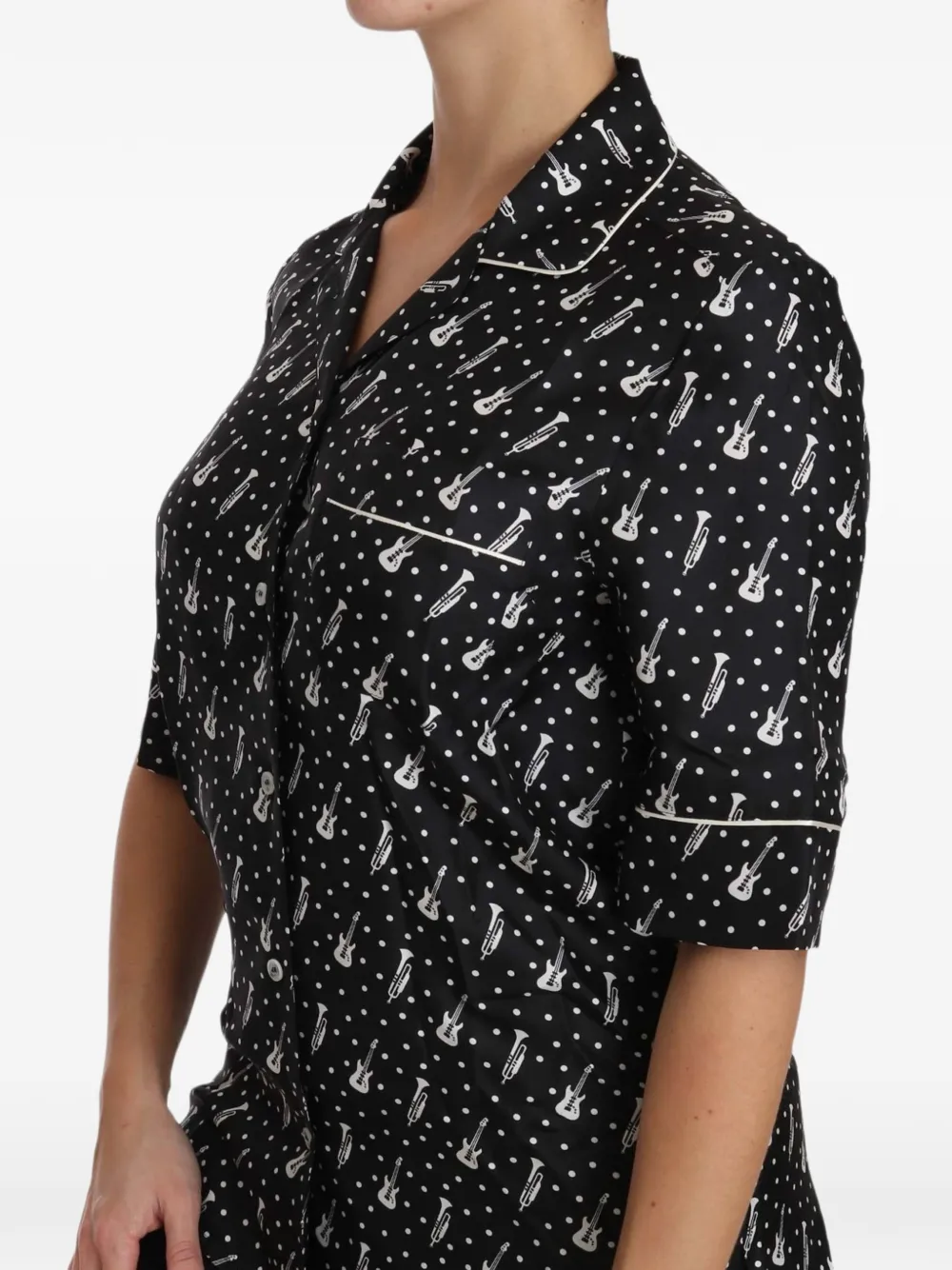 Dolce & Gabbana Zijden blouse met stippen en muziekinstrument Zwart