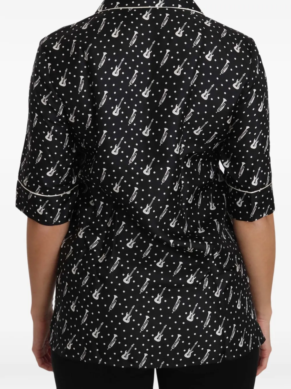 Dolce & Gabbana Zijden blouse met stippen en muziekinstrument Zwart