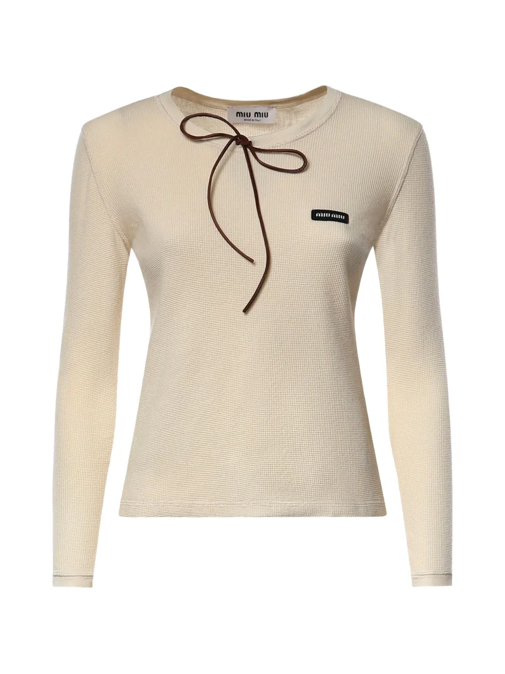 Miu Miu bow-detail waffle-knit long-sleeve T-shirt - Toni neutri