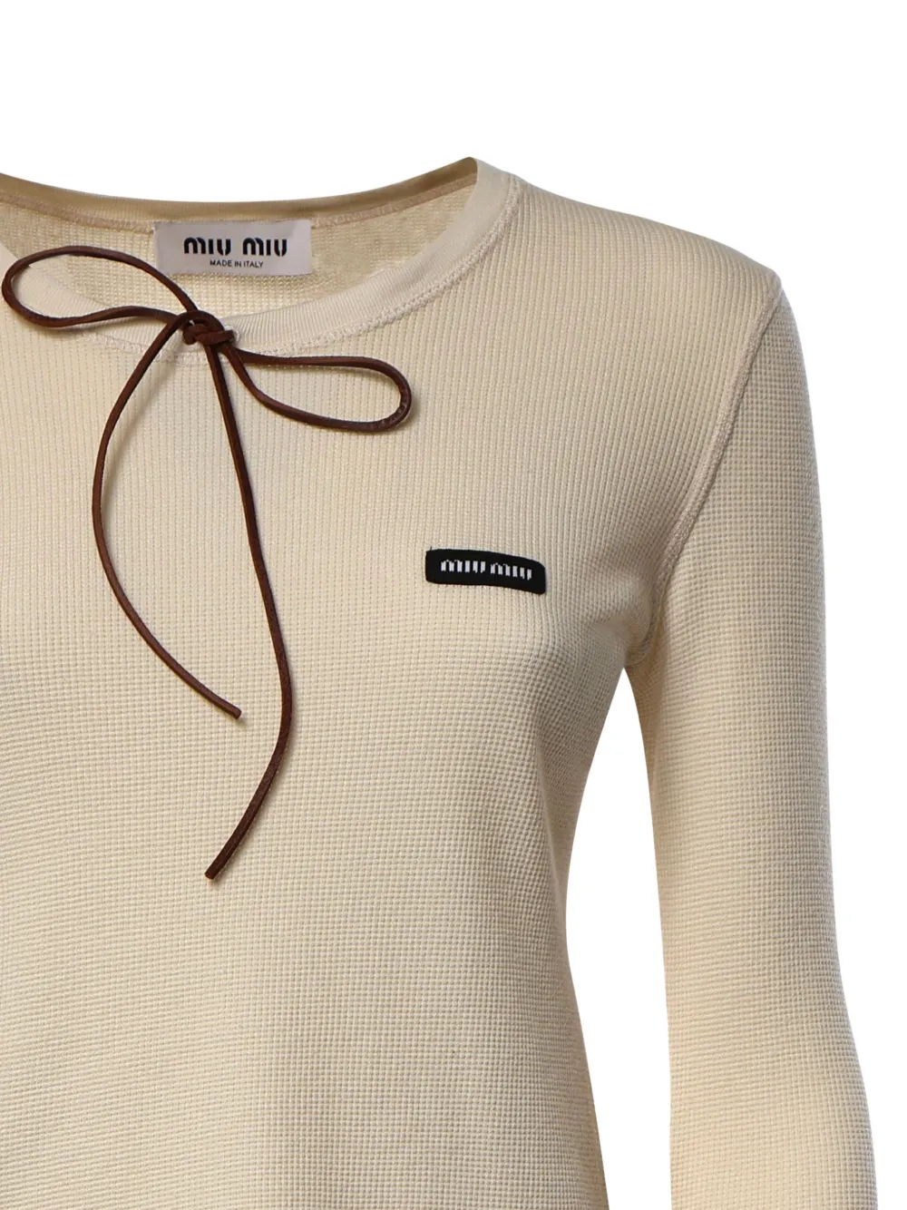 Miu Wafelgebreid T-shirt met strikdetail en lange mouwen Beige