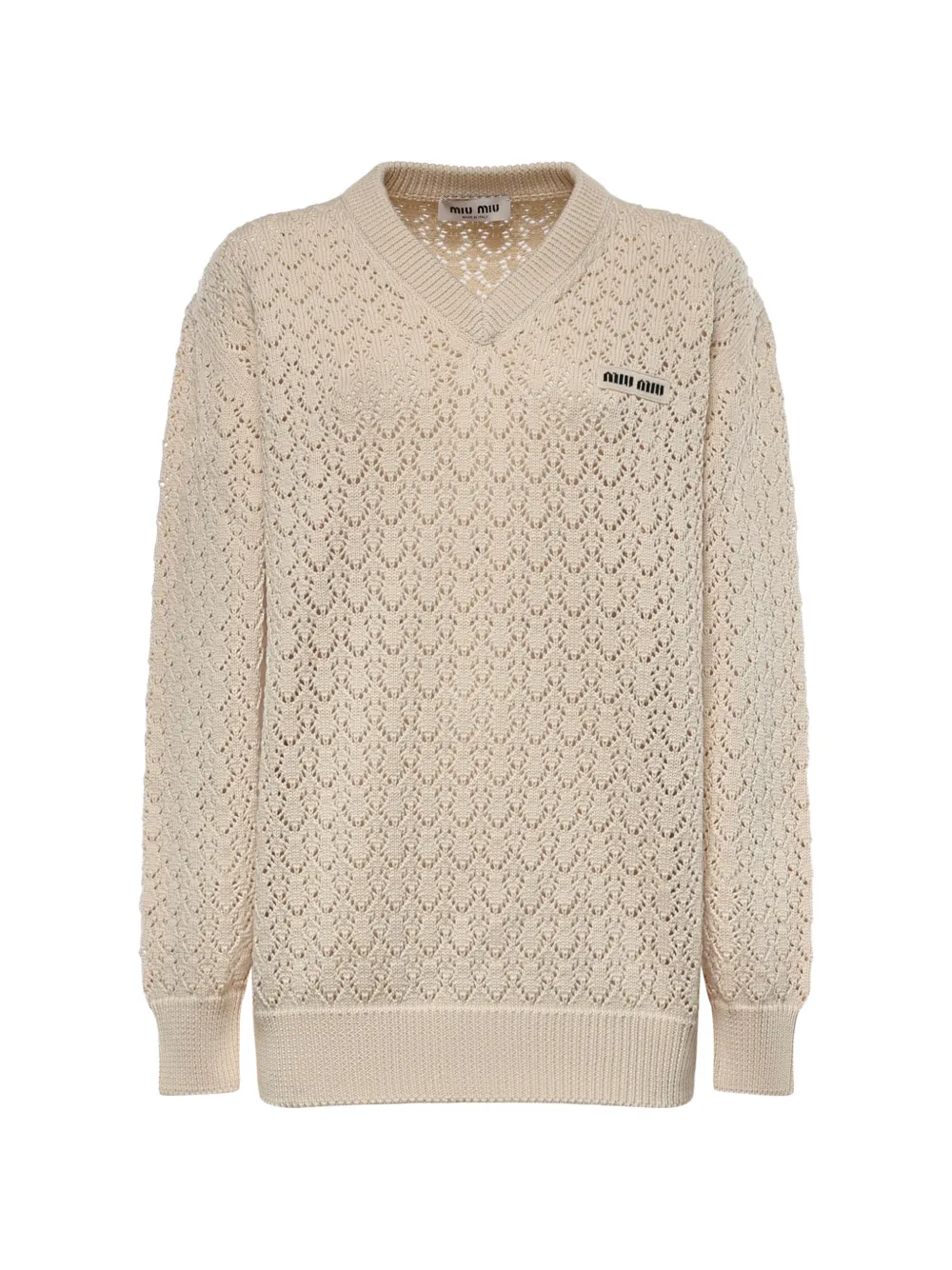 Miu Miu pointelle-knit logo-patch sweater - Toni neutri