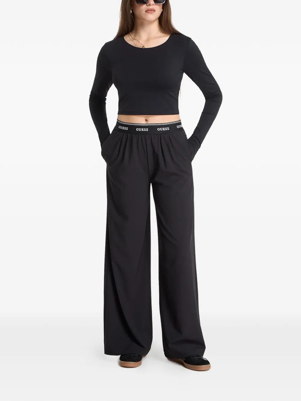 GUESS USA Selene broek met logoband en wijde pijpen Zwart