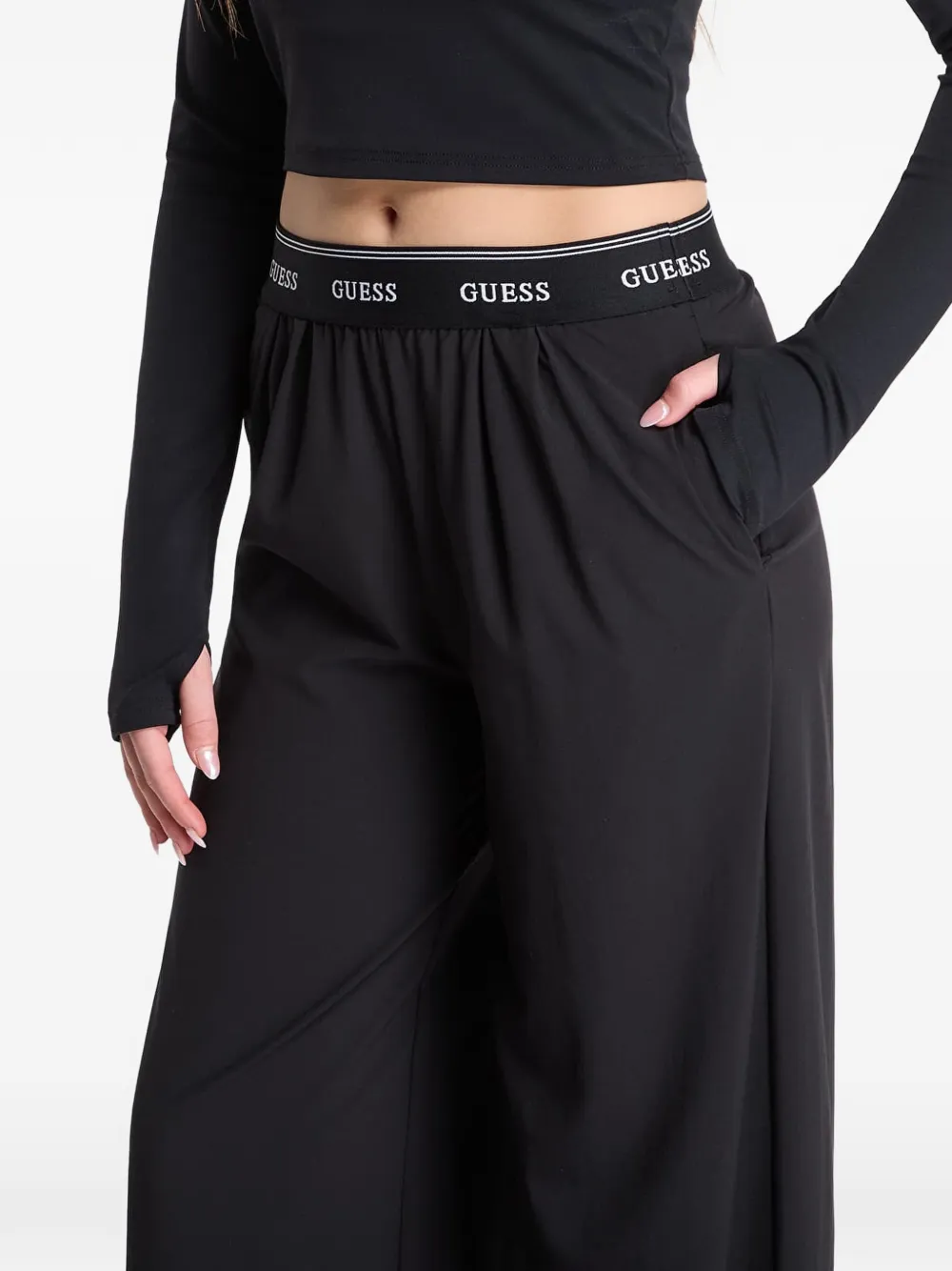 GUESS USA Selene broek met logoband en wijde pijpen Zwart
