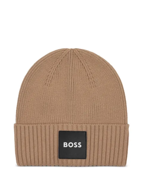 BOSS Kidswear logo-patch ribbed-knit beanie hat