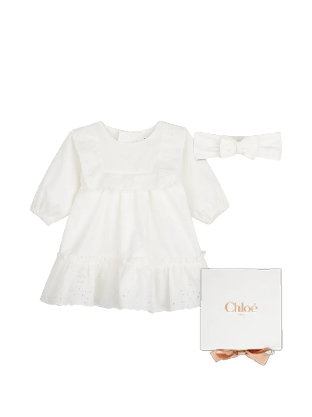 Chloé Kids Set aus Popeline-Kleid und Haarreif mit Blumenstickerei - Weiß
