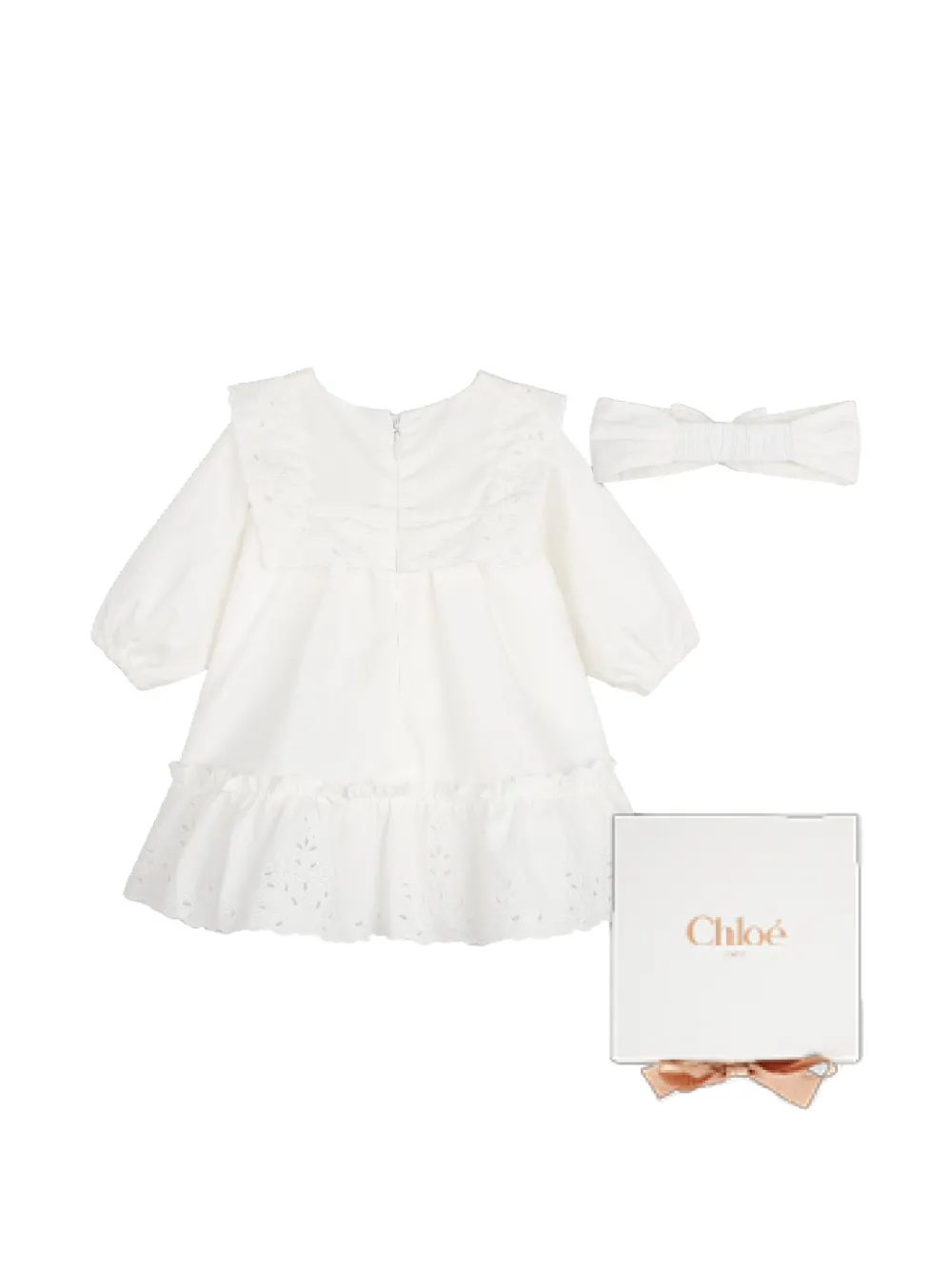 Chloé Kids Popeline jurk en haarband met geborduurde bloemen Wit