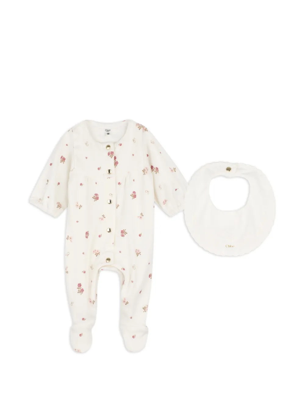 Chloé Kids Set aus Pyjama und Lätzchen mit Blumen-Print - Nude