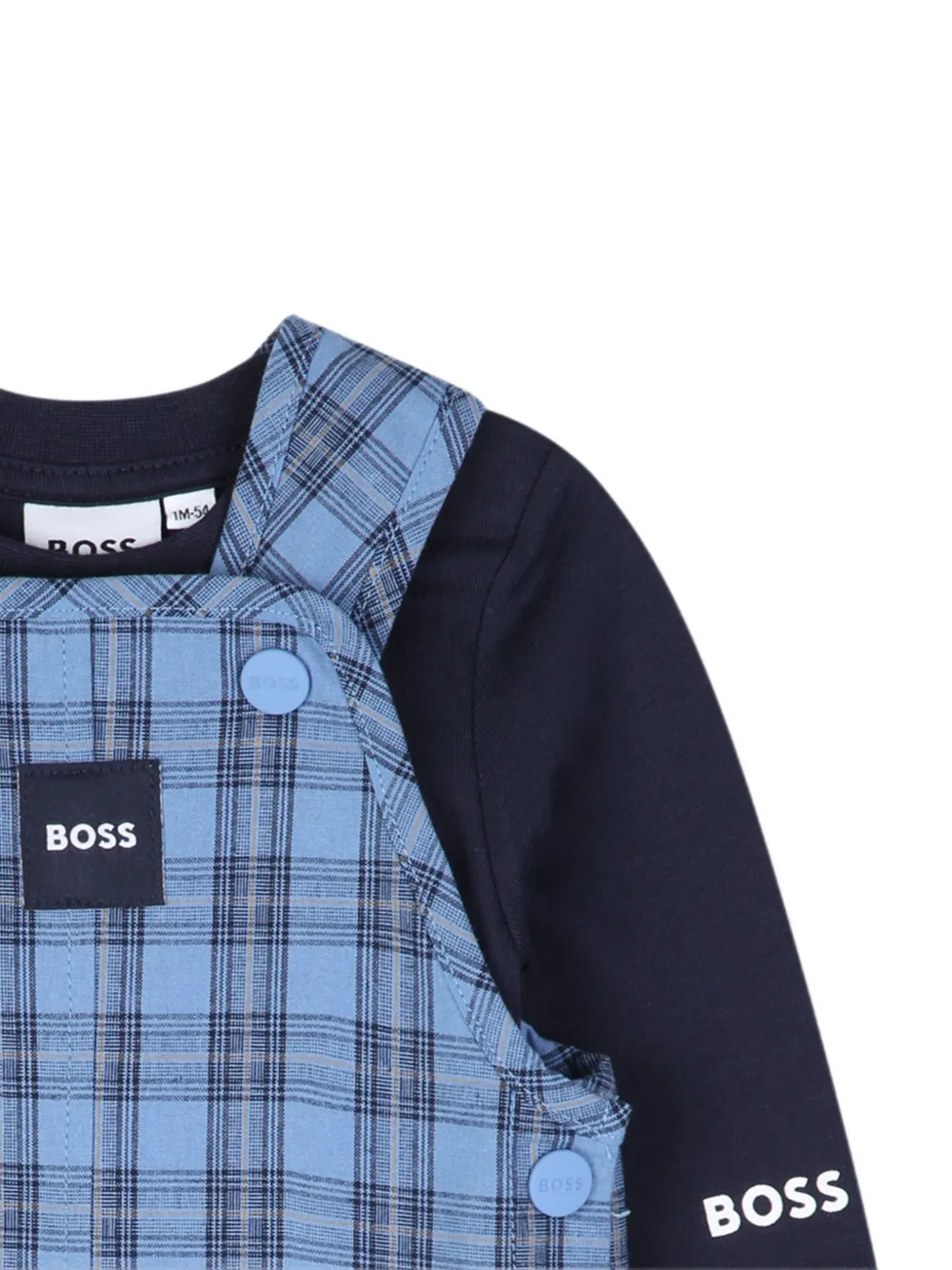 BOSS Kidswear Geruite katoenen tuinbroek en T-shirt Blauw