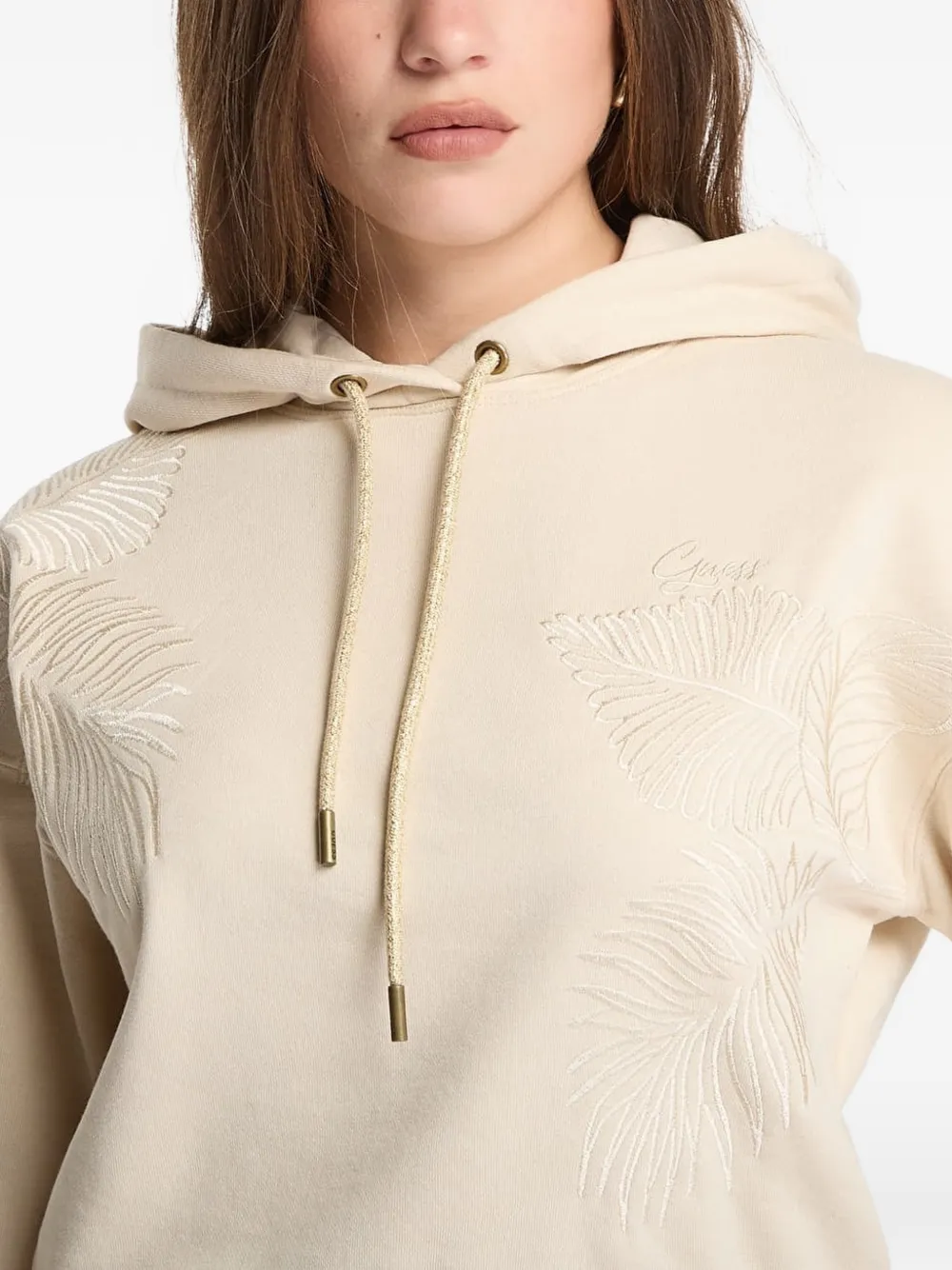 GUESS USA Hoodie met geborduurd blad en trekkoord Beige