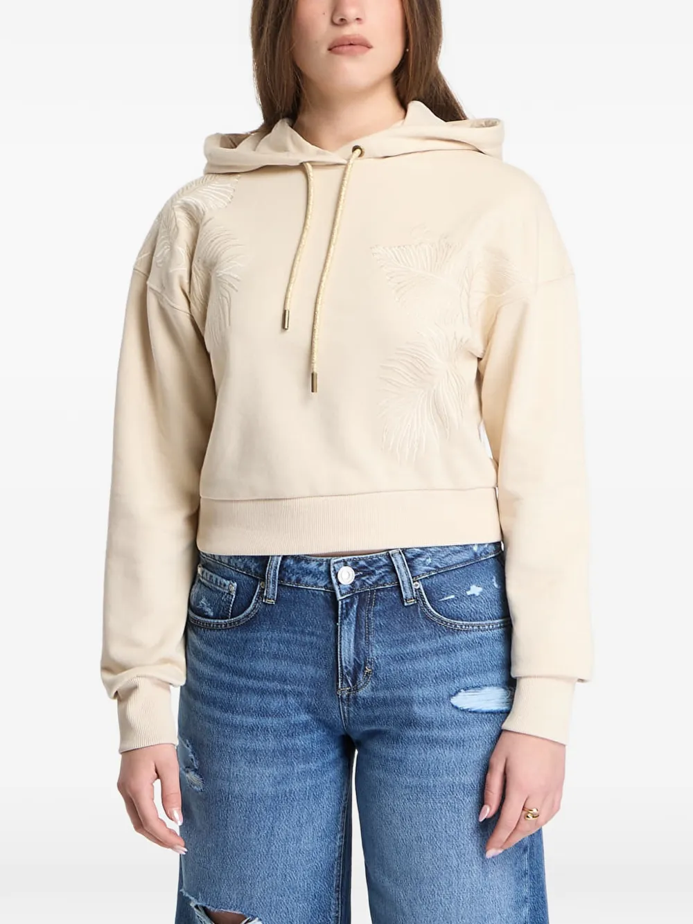 GUESS USA leaf-embroidered drawstring hoodie - Nude