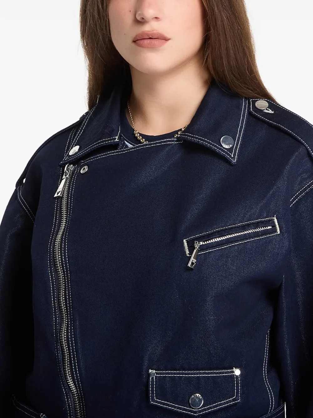 GUESS USA Bikerjack met contrasterend stiksel en ceintuur Blauw