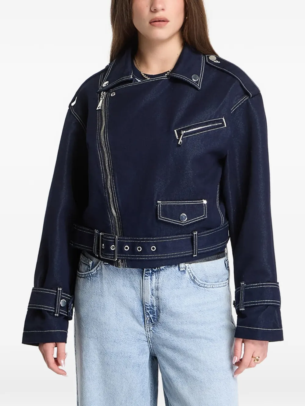 GUESS USA belted contrast-stitch biker jacket - Blau