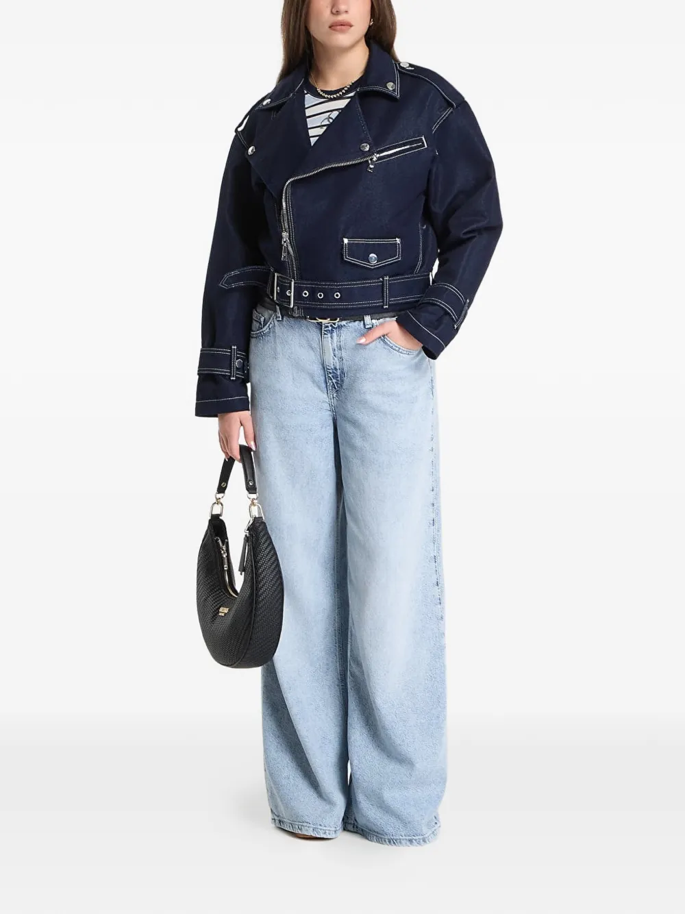 GUESS USA Bikerjack met contrasterend stiksel en ceintuur Blauw