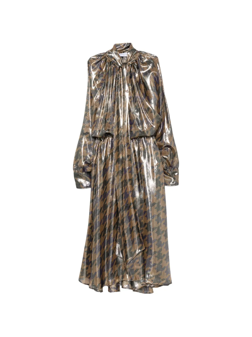 Françoise robe mi-longue Susan à motif pied-de-poule et col lavallière - Or Françoise robe mi-longue Susan à motif pied-de-poule et col lavallière - Or