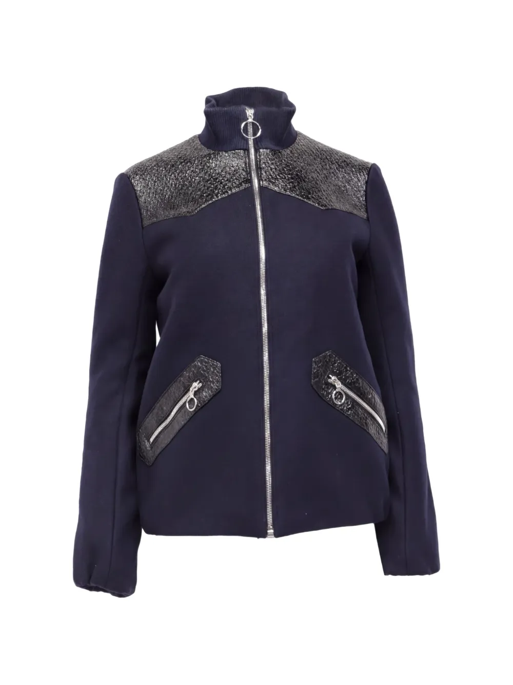 Pre-owned Maje Cracked-effect Yoke Biker Jacket In Blue