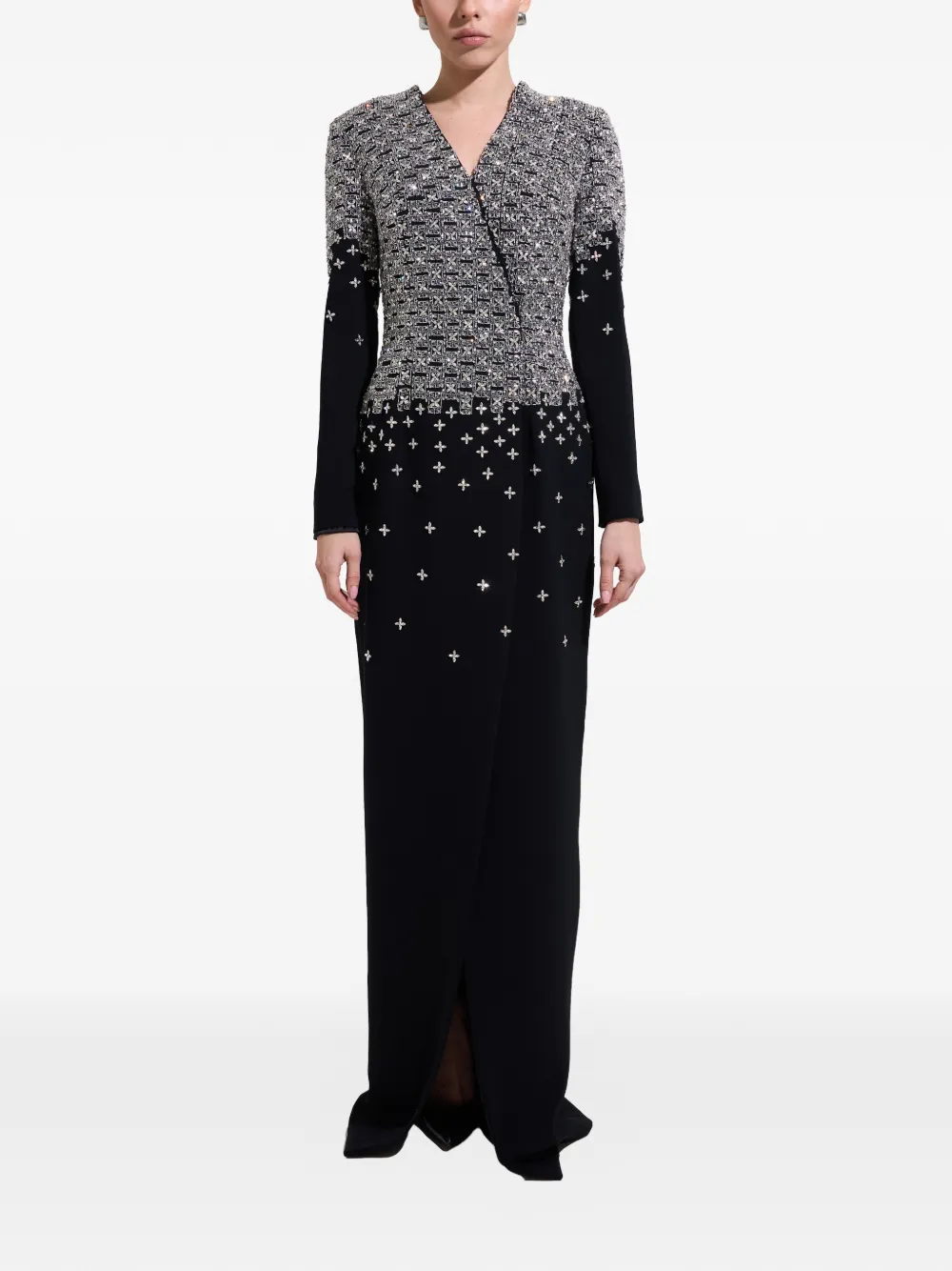 Dina Melwani Crystal Hand-Embellished Crepe Evening Gown - Black