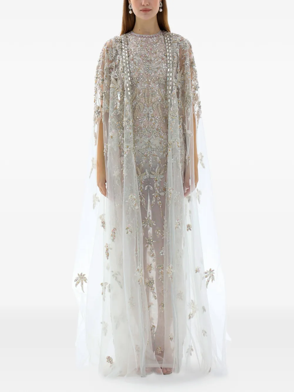 Dina Melwani crystal-embellished cape maxi gown dress - White