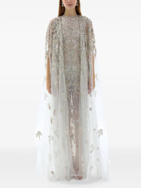 Dina Melwani crystal-embellished cape maxi gown dress