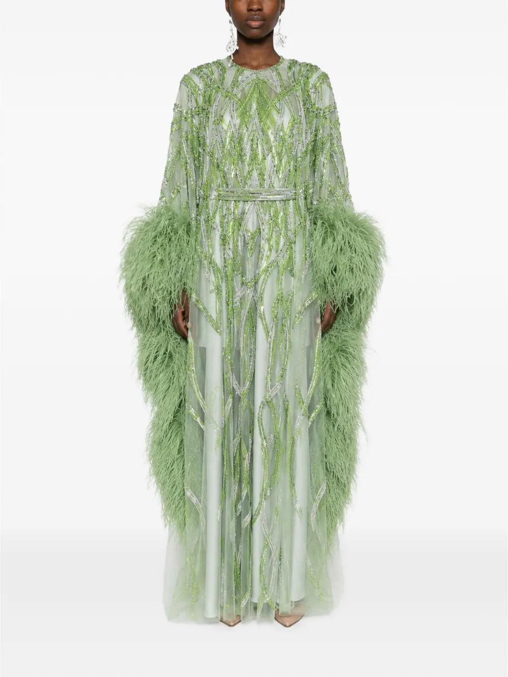 Dina Melwani Feather-Trim Crystal-Embellished Tulle Gown - Verde