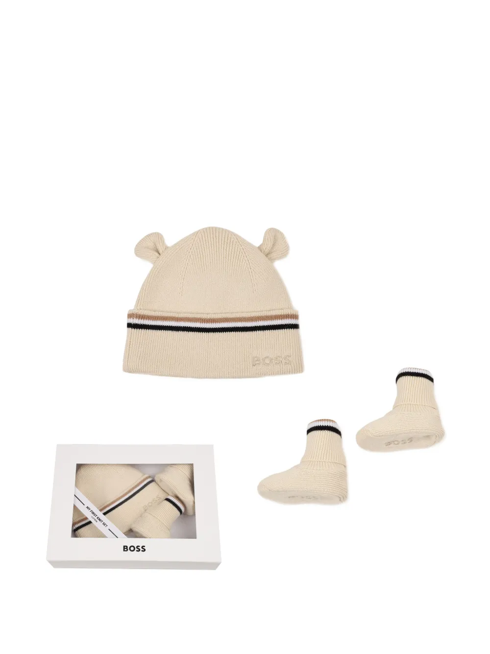 BOSS Kidswear Set aus Beanie und Stiefeletten mit Streifendetail - Nude