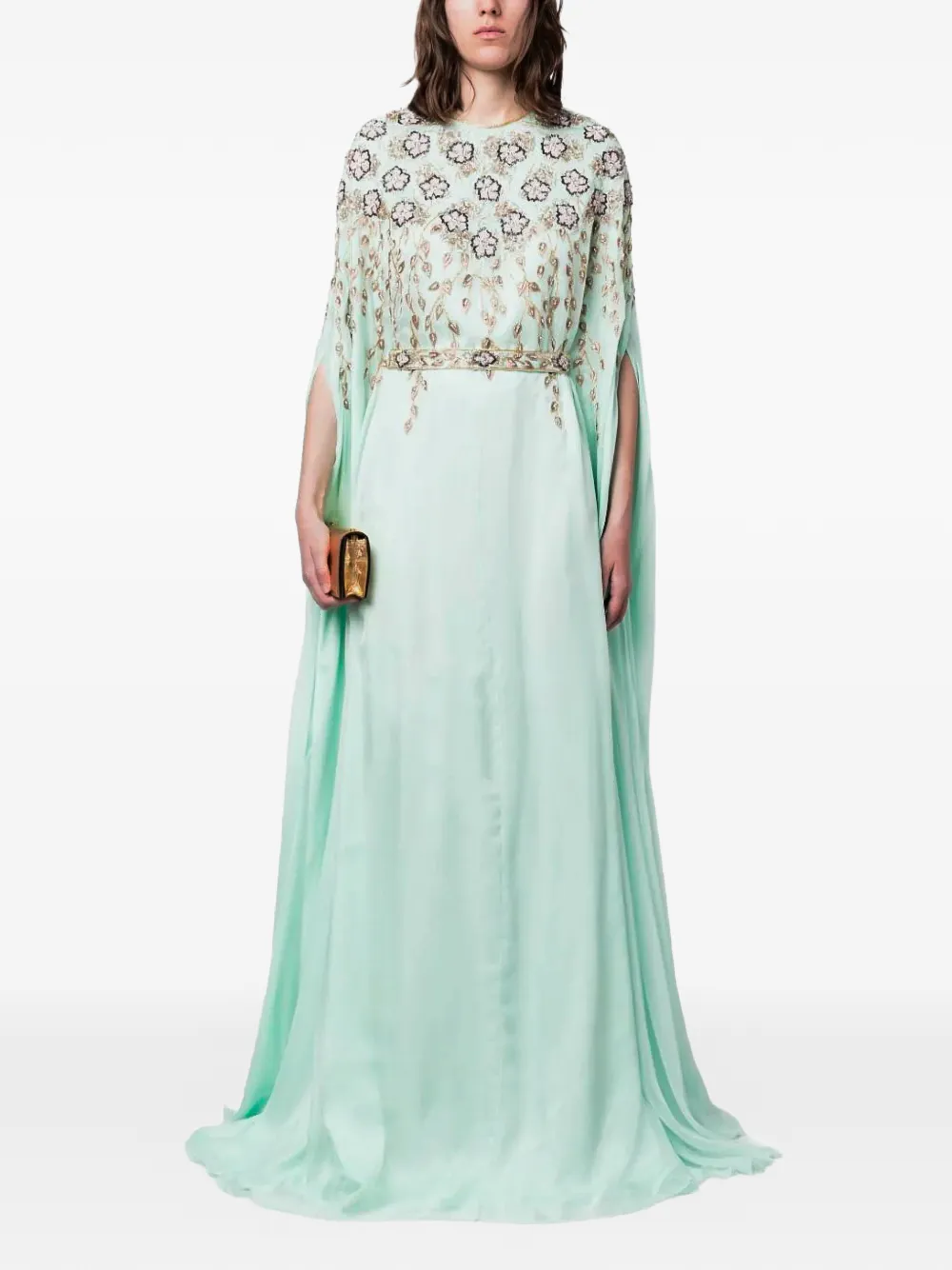 Dina Melwani Crystal-embroidered Cape Sleeve Silk Kaftan In Green