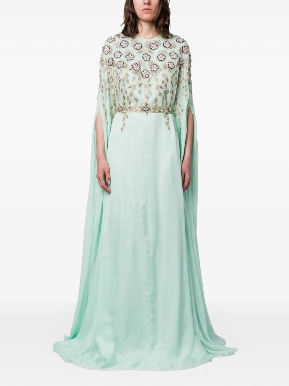 Dina Melwani Crystal-Embroidered Cape Sleeve Silk Kaftan - Verde
