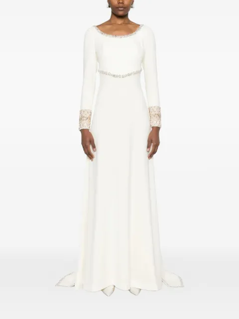 Dina Melwani crystal-embellished cape-sleeve maxi gown dress