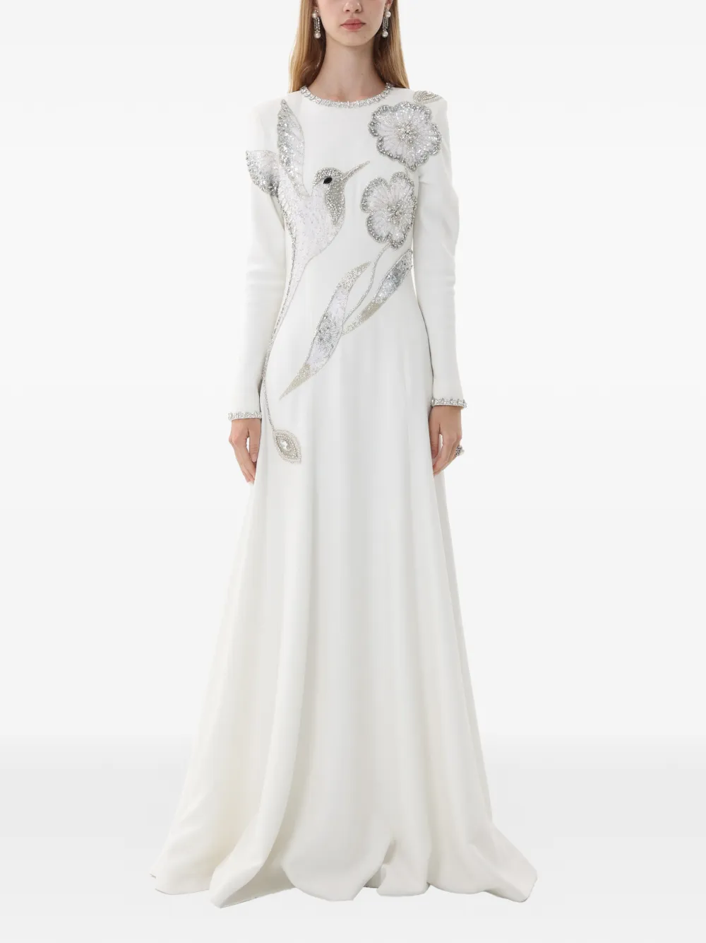 Dina Melwani crystal-embellished hummingbird evening maxi gown dress - Bianco