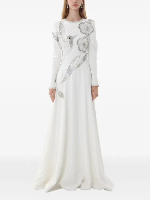 Dina Melwani crystal-embellished hummingbird evening maxi gown dress