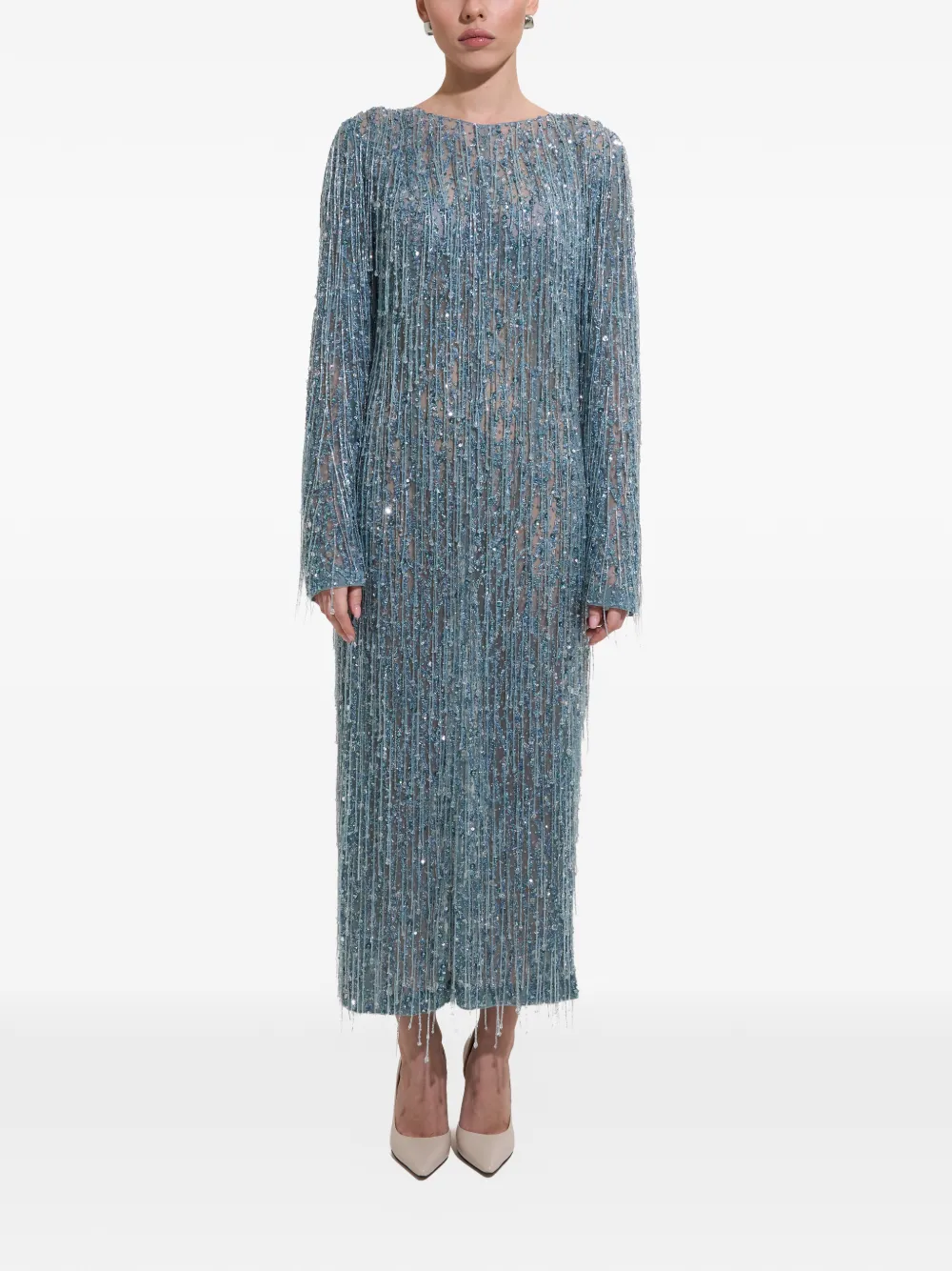 Dina Melwani Fringed Crystal-Embellished Midi Dress - Blue