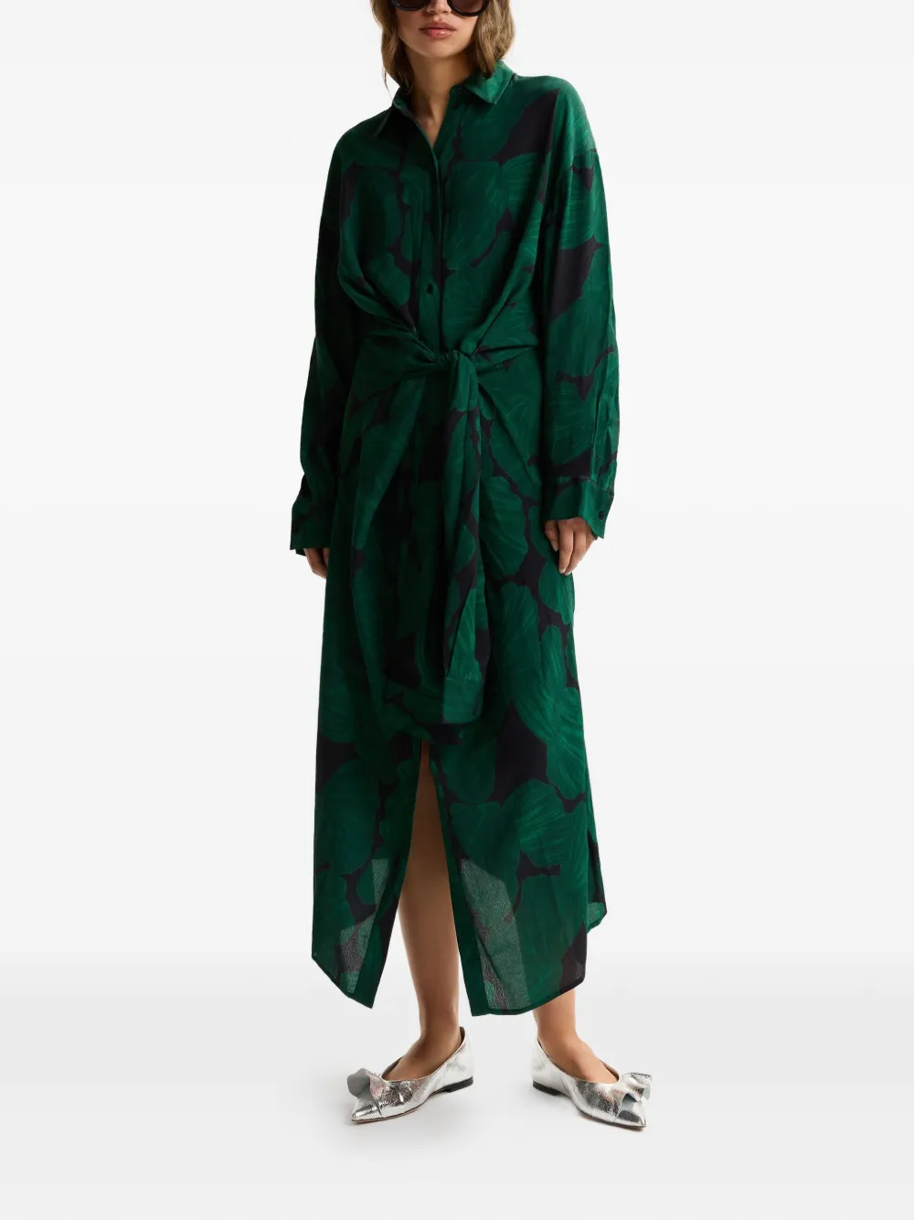 Essentiel Antwerp Midi-jurk met tropische print en gestrikte taille Groen