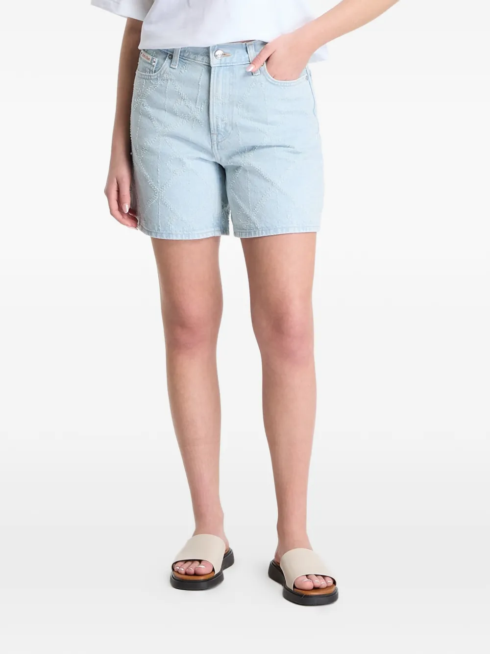 Calvin Klein monogram-embroidered denim shorts - Blue