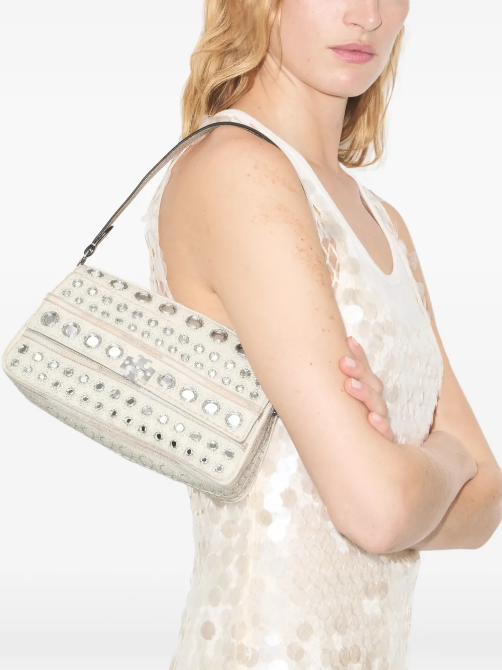Tory Burch Kleine Charlie verfraaide schoudertas Beige