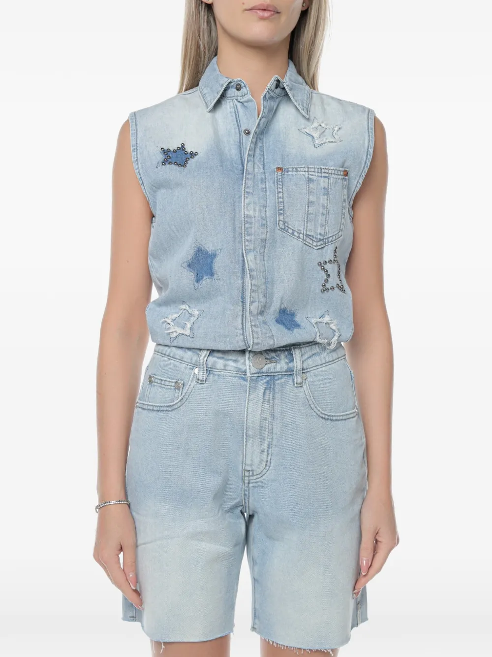 One Teaspoon Jackson star-patchwork denim playsuit - Blu