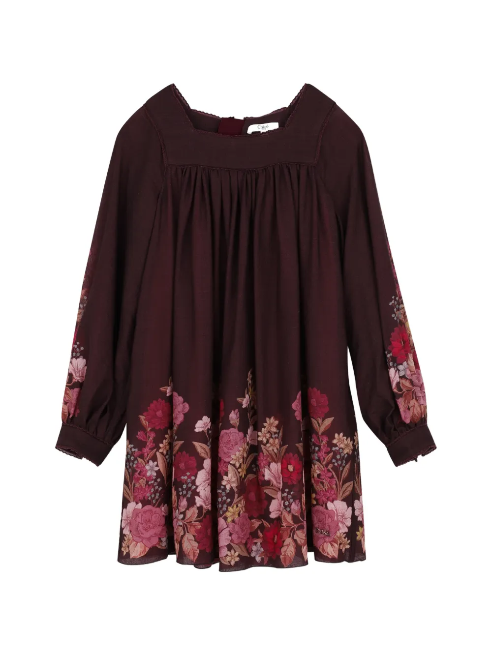 Chloé Kids' Floral-print Wool Dress In Burgundy