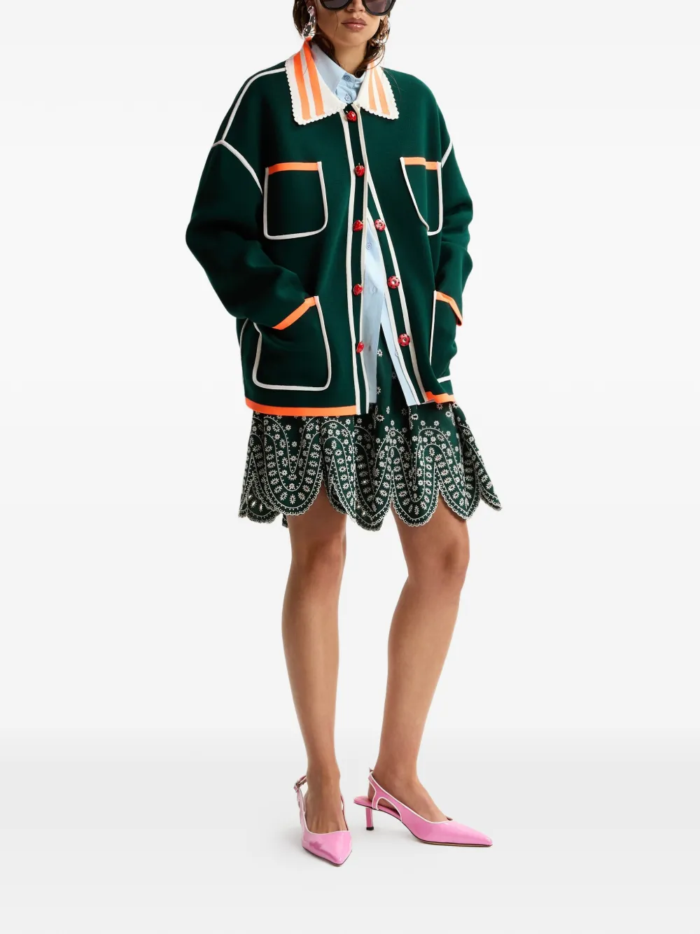 Essentiel Antwerp Vest met geborduurd kant en aardbei-knoop Groen