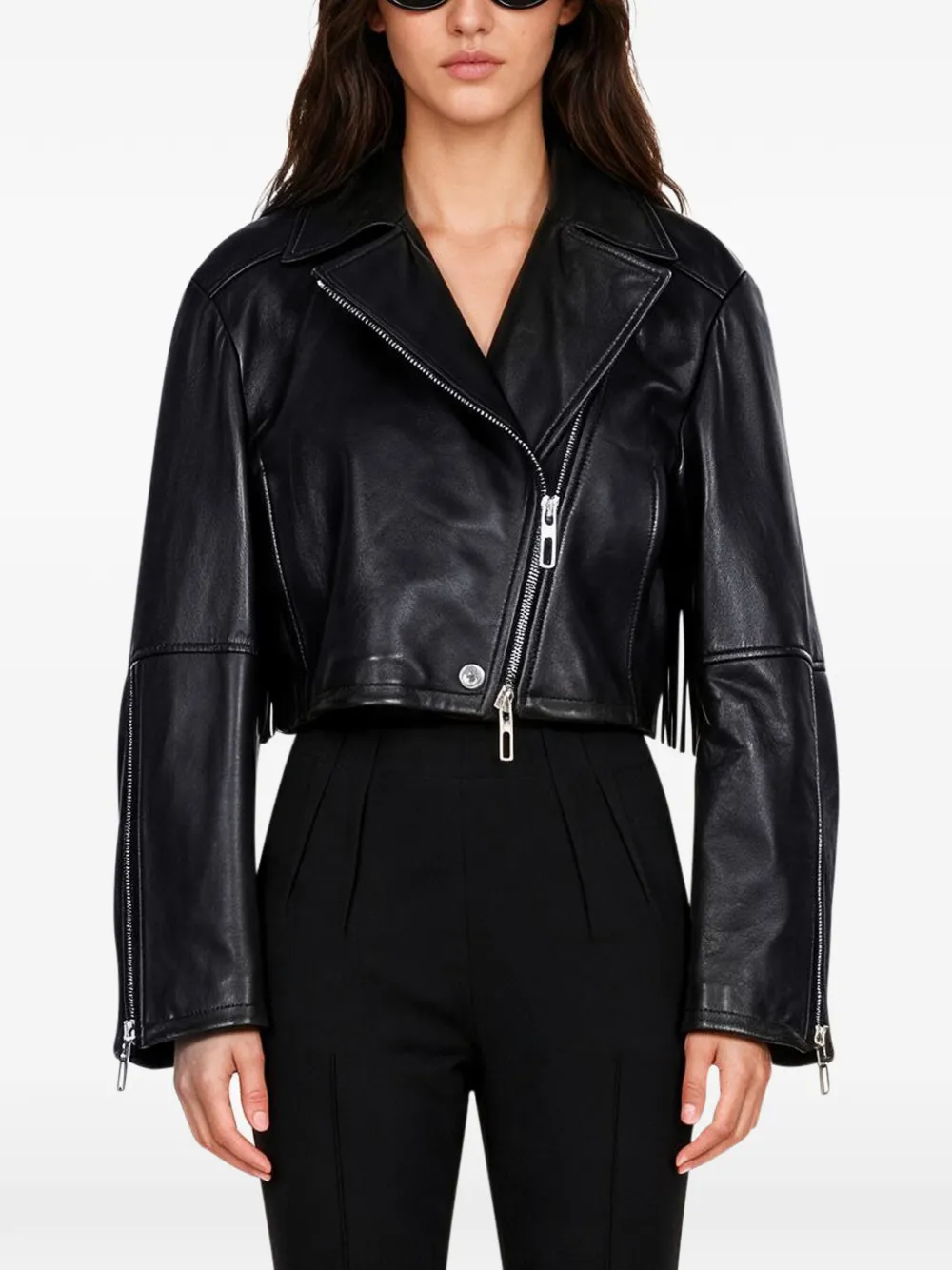 Sportmax Leren bikerjack met franje Zwart