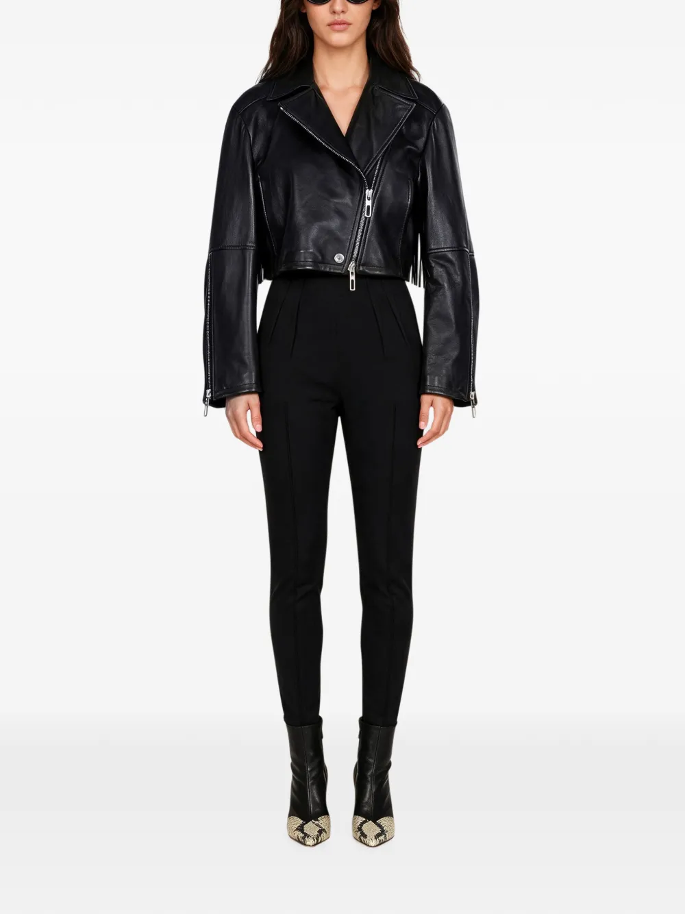 Sportmax Leren bikerjack met franje Zwart