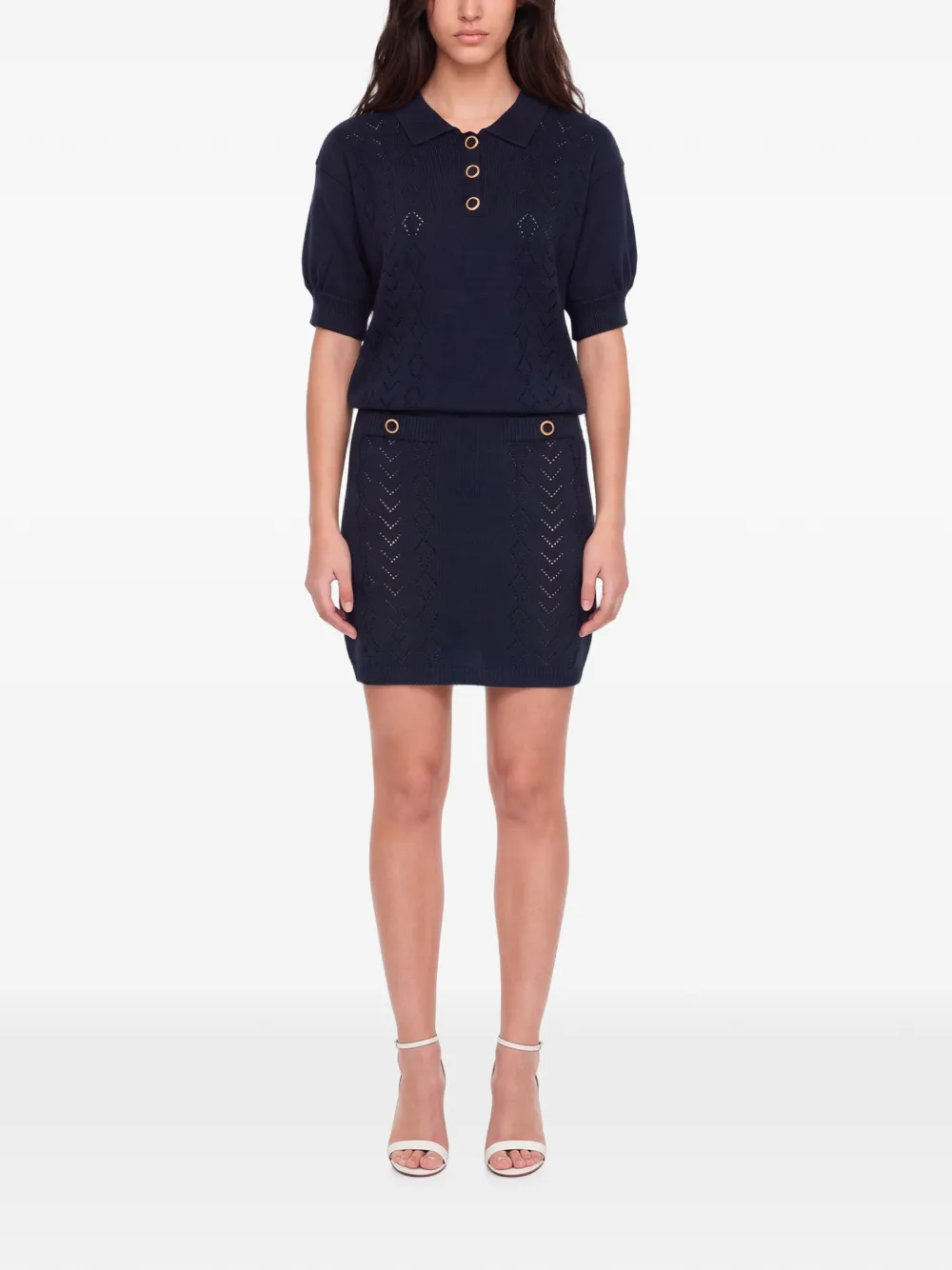 Alessandra Rich Pointelle gebreide mini-rok met knoopdetail Blauw
