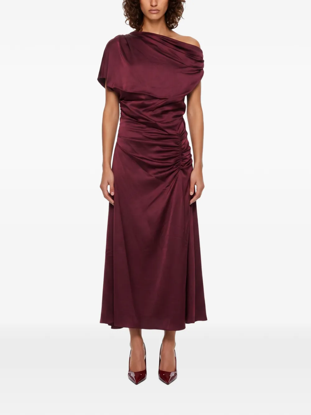 SIMKHAI Joanna asymmetrische midi-jurk met ruches Rood