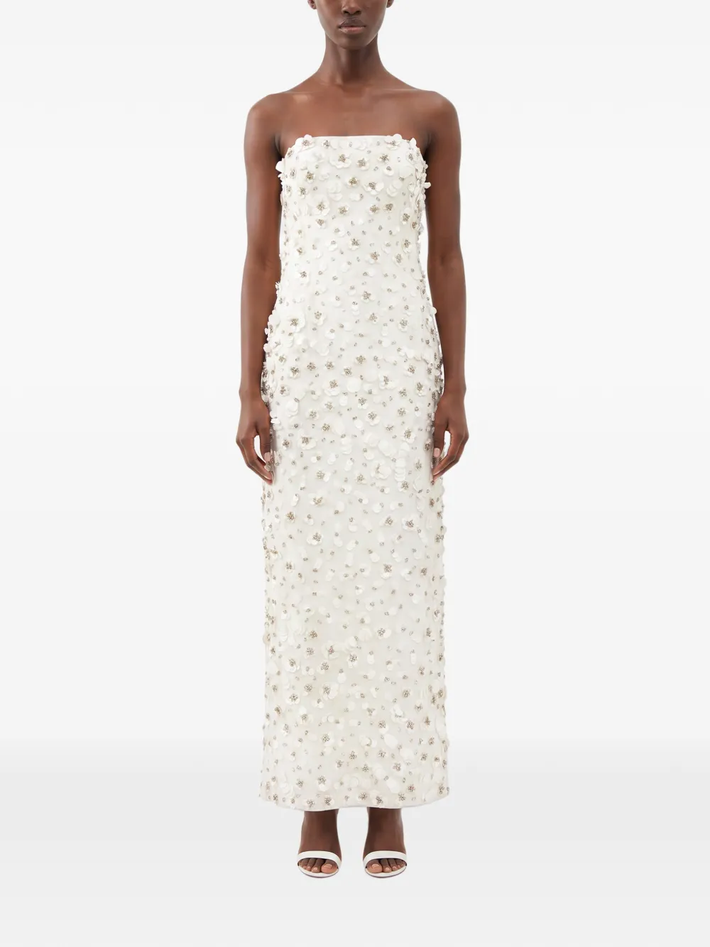 SIMKHAI Serafina floral-appliqué strapless dress Beige