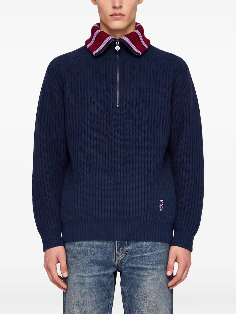 Drôle De Monsieur ribbed-knit half-zip sweater Blauw