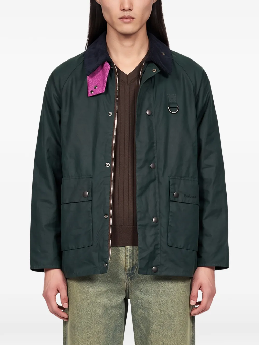 Barbour x Paul Smith loves long Spey waxed jacket Groen