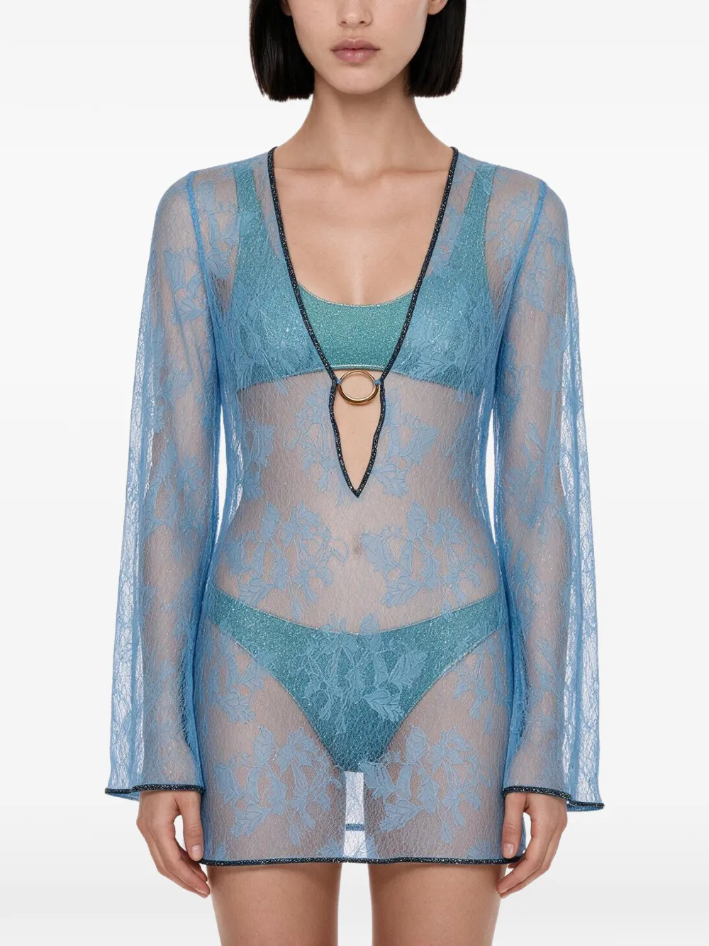 Oséree Lumière mini-jurk met bloemenkant en ringdetail Blauw