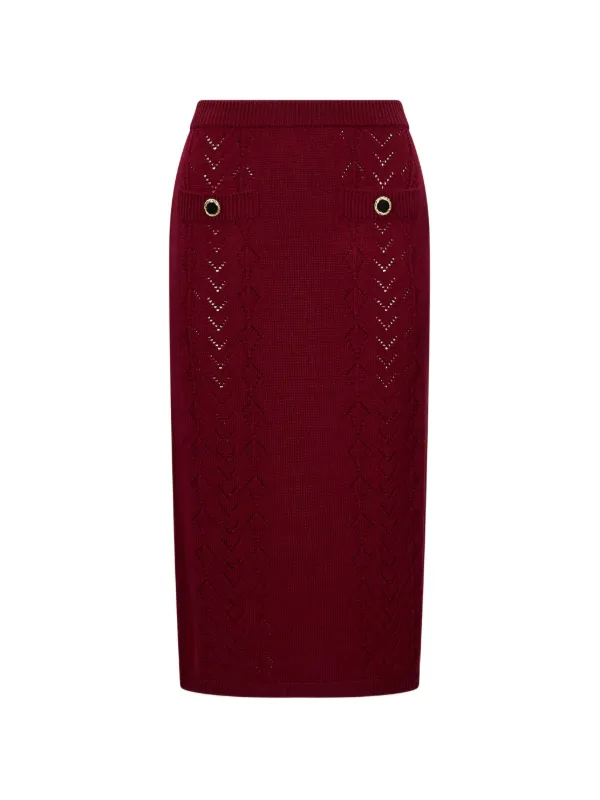 Alessandra Rich Pointelle-knit Button-detail Midi Skirt in Red