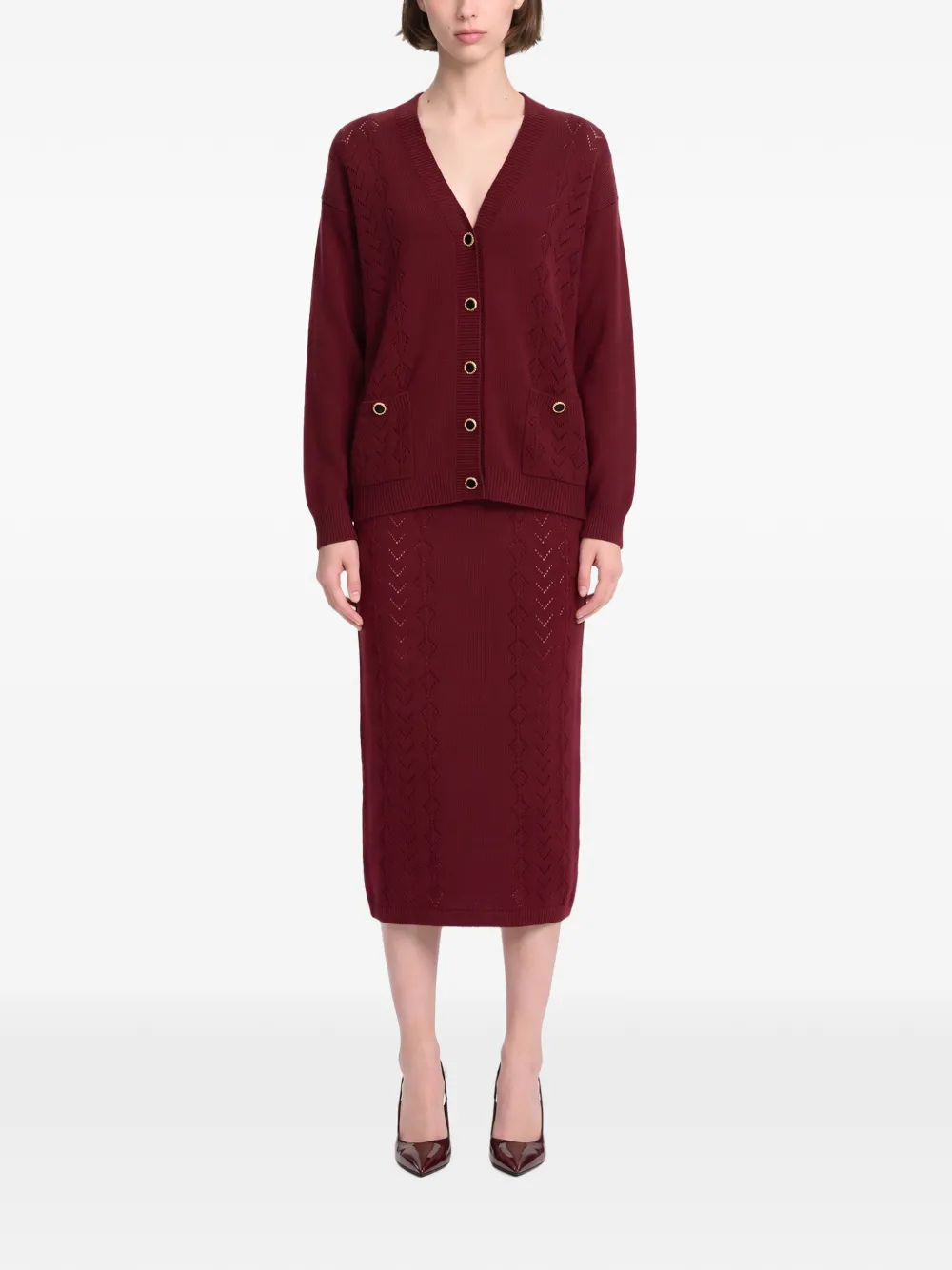 Alessandra Rich Pointelle gebreide midi-rok met knoopdetail Rood