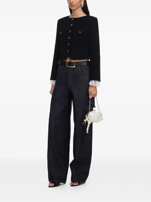 Self-Portrait lace-trimmed button-up Cropped Jacket | Black | FARFETCH