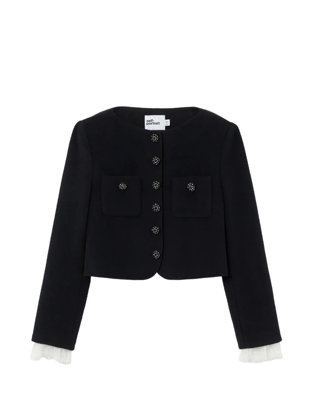Self-Portrait lace-trimmed button-up cropped jacket - Schwarz