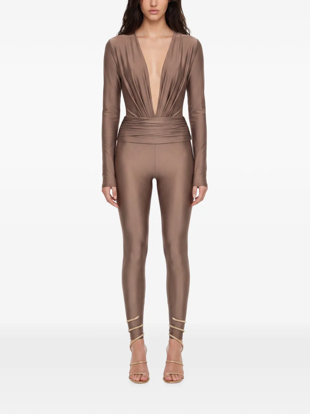 THE ANDAMANE Vicky legging met metallic afwerking en ruches Beige